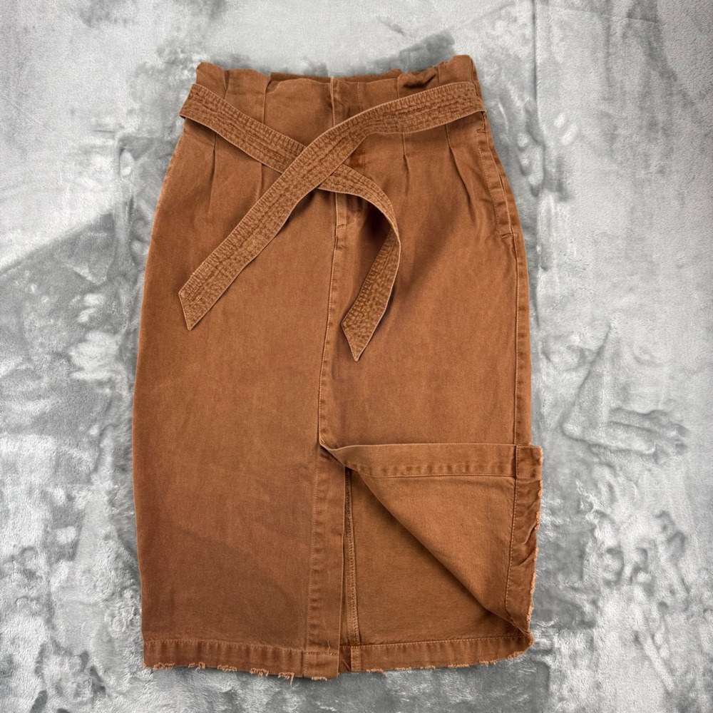Free People Rust Brown Paperbag Waist Denim Midi Skirt Front Slit Belt Size 31